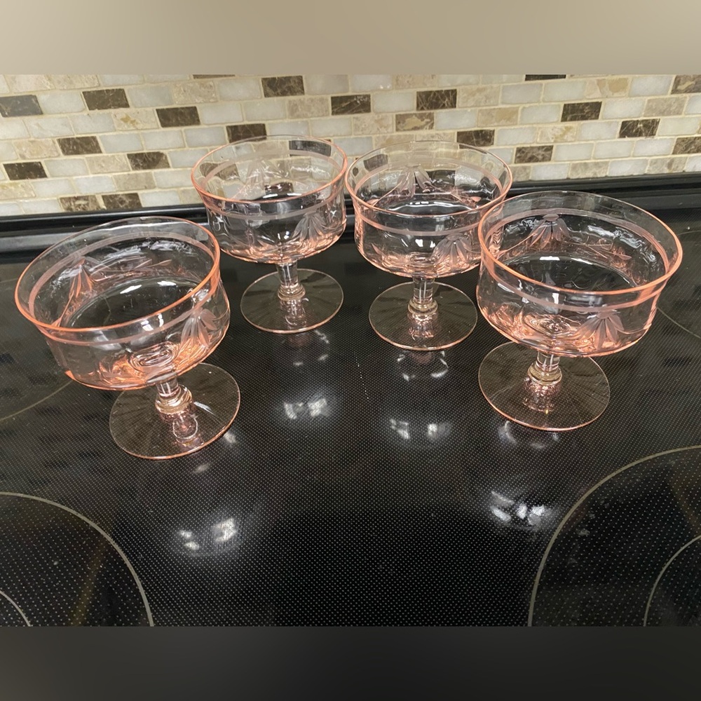 Set of 4 Tiffin-Franciscan 14188-2 Pink Optic Cut Floral & Band Low Sherbet